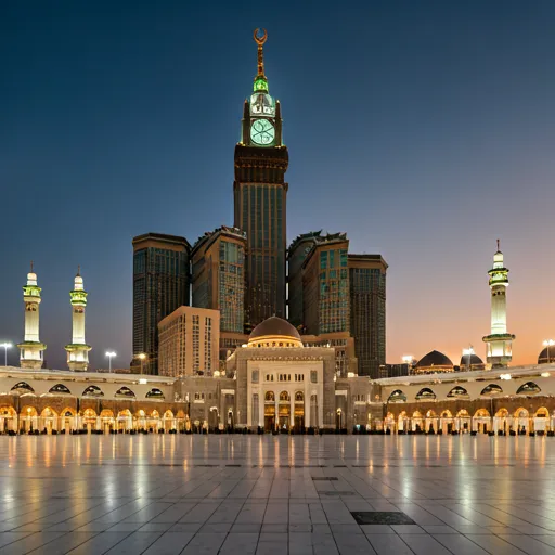 panoramic view of the Great Mosque of Mecca at dawn